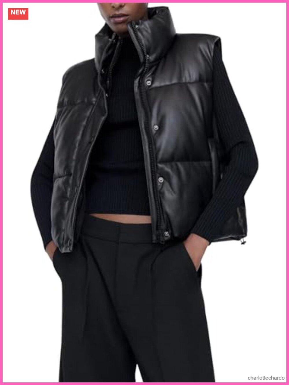 Faux Leather Puffer Vest Zip-Up Stand Collar Quilted Sleeveless Jacket